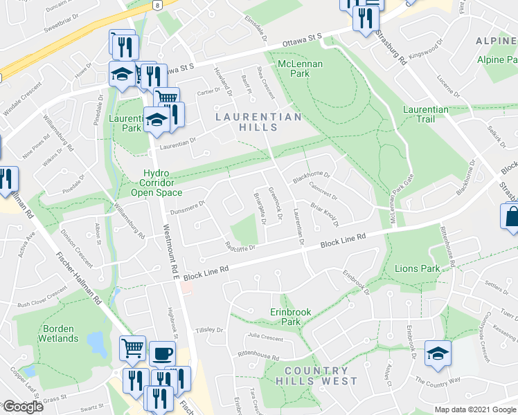 map of restaurants, bars, coffee shops, grocery stores, and more near 55 Briargate Drive in Kitchener