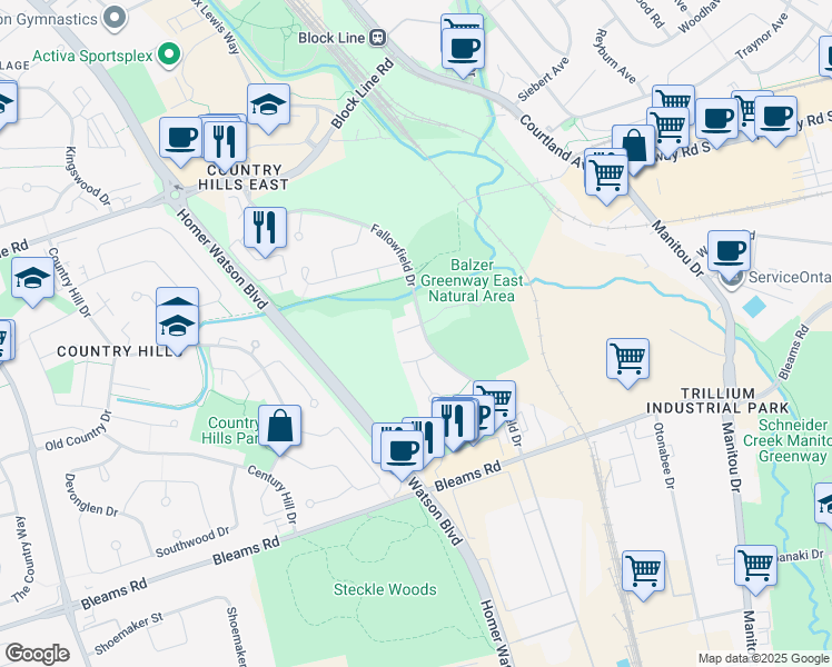 map of restaurants, bars, coffee shops, grocery stores, and more near 232 Fallowfield Drive in Kitchener