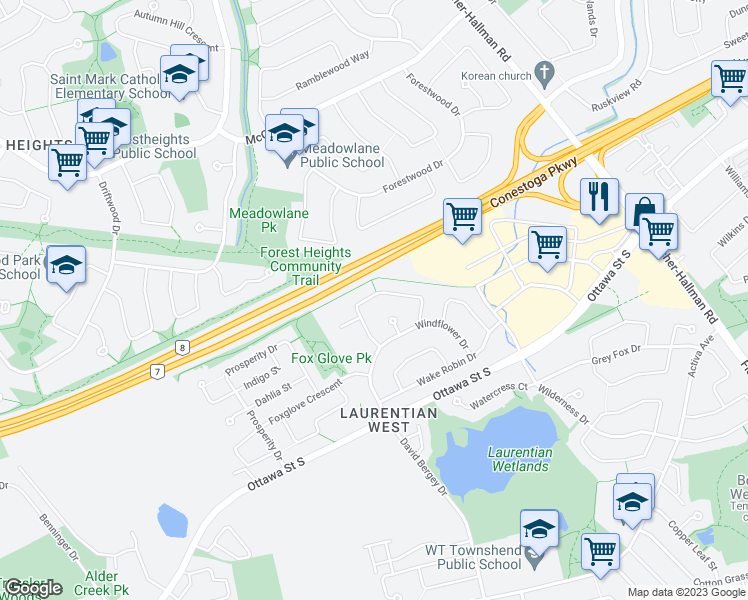 map of restaurants, bars, coffee shops, grocery stores, and more near 594 Windflower Crescent in Kitchener