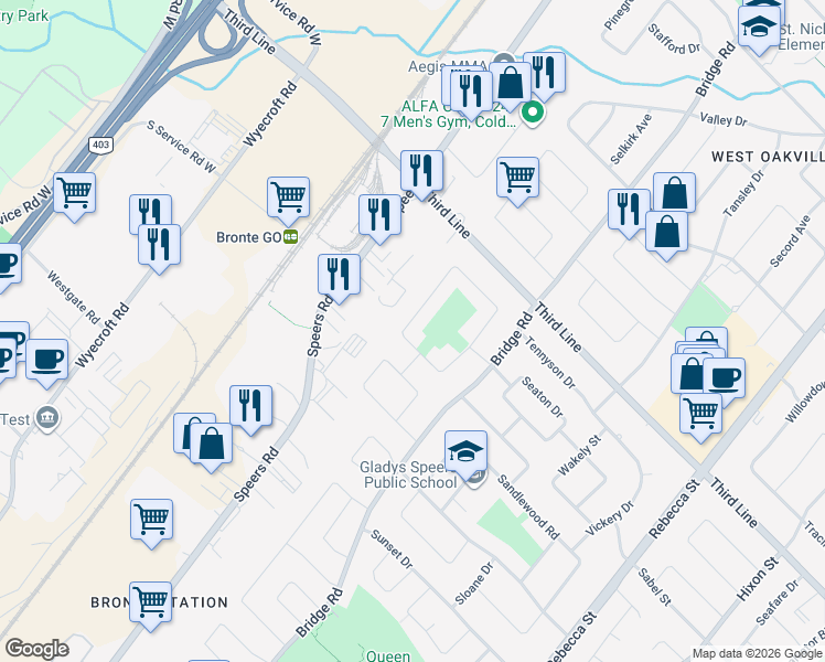 map of restaurants, bars, coffee shops, grocery stores, and more near in Oakville