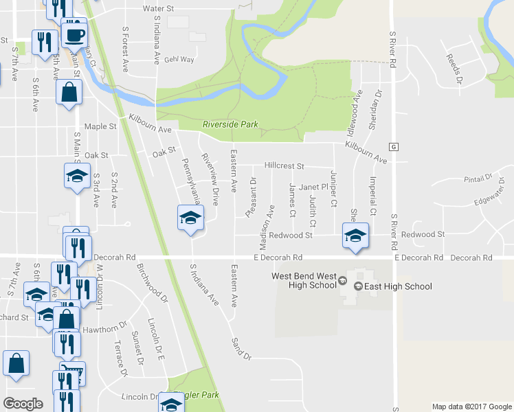map of restaurants, bars, coffee shops, grocery stores, and more near 709 Pleasant Drive in West Bend