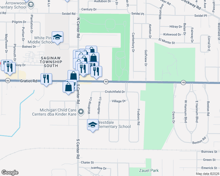 map of restaurants, bars, coffee shops, grocery stores, and more near 4780 Crutchfield Drive in Saginaw