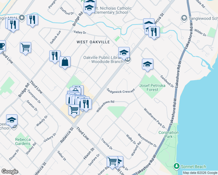map of restaurants, bars, coffee shops, grocery stores, and more near 1383 Sedgewick Crescent in Oakville