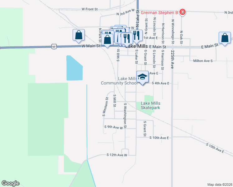 map of restaurants, bars, coffee shops, grocery stores, and more near 601 South Mill Street in Lake Mills