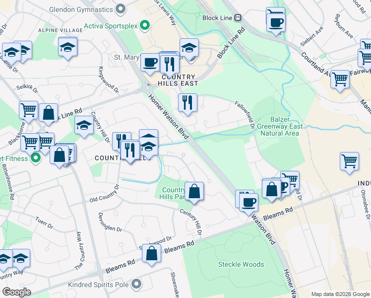 map of restaurants, bars, coffee shops, grocery stores, and more near 250 Country Hill Drive in Kitchener
