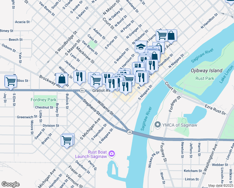 map of restaurants, bars, coffee shops, grocery stores, and more near 515 South Michigan Avenue in Saginaw