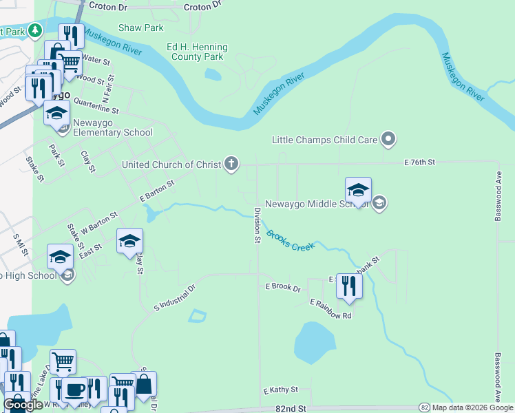 map of restaurants, bars, coffee shops, grocery stores, and more near 448 S Division St in Newaygo