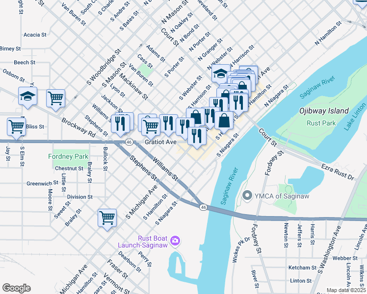 map of restaurants, bars, coffee shops, grocery stores, and more near 515 South Michigan Avenue in Saginaw