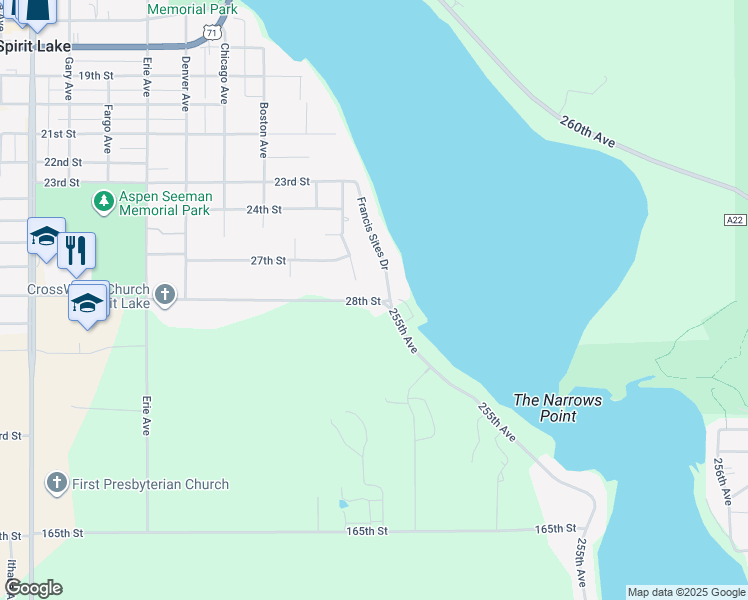 map of restaurants, bars, coffee shops, grocery stores, and more near 35 28th Street in Spirit Lake