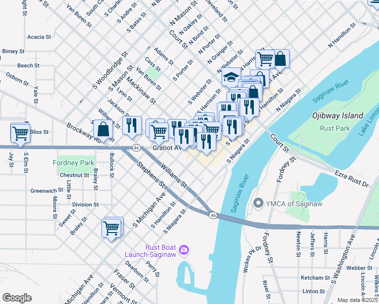 map of restaurants, bars, coffee shops, grocery stores, and more near 515 South Michigan Avenue in Saginaw