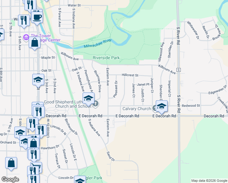 map of restaurants, bars, coffee shops, grocery stores, and more near 709 Pleasant Drive in West Bend