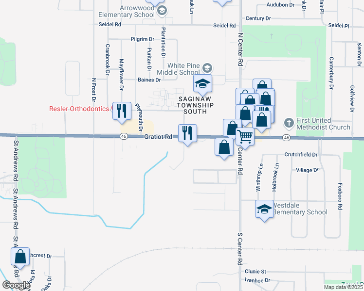 map of restaurants, bars, coffee shops, grocery stores, and more near 180 Colony Drive South in Saginaw