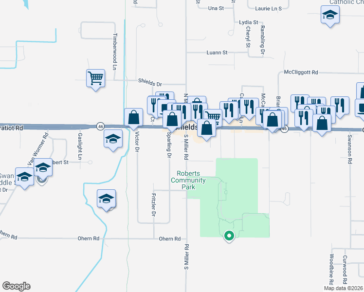 map of restaurants, bars, coffee shops, grocery stores, and more near 190 South Miller Road in Saginaw