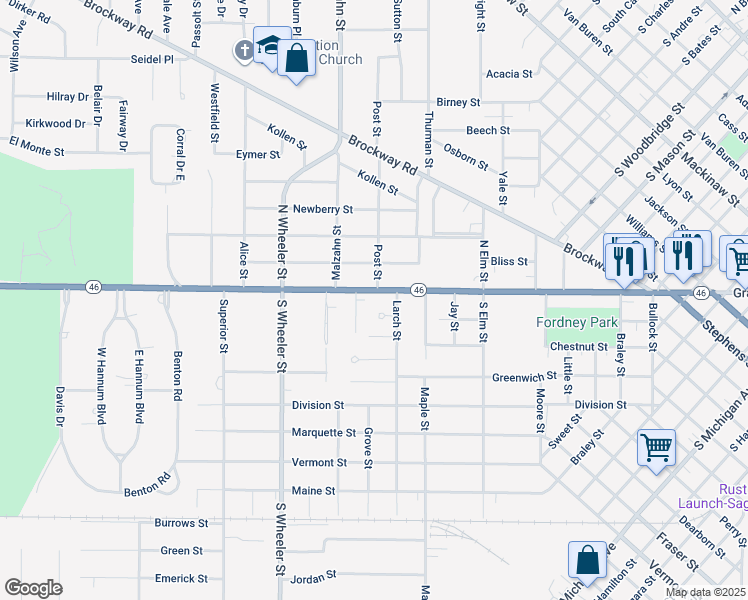 map of restaurants, bars, coffee shops, grocery stores, and more near 1805 Gratiot Avenue in Saginaw