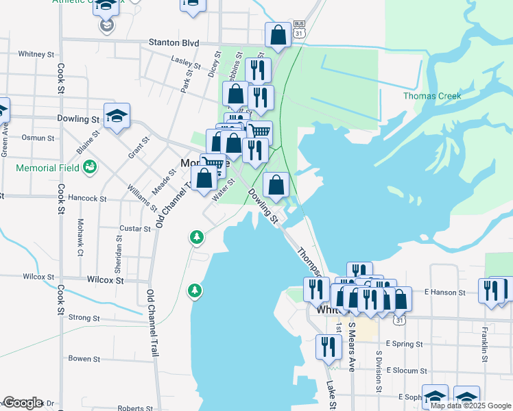 map of restaurants, bars, coffee shops, grocery stores, and more near 4525 Dowling Street in Montague
