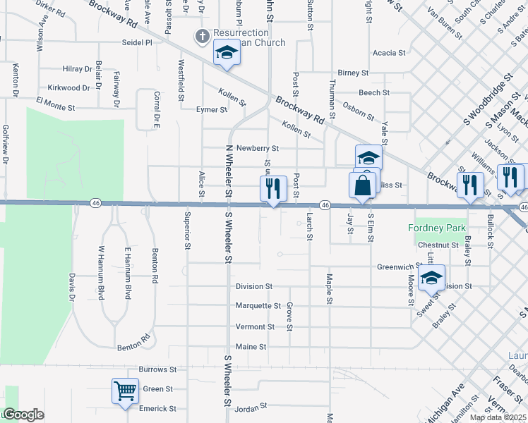 map of restaurants, bars, coffee shops, grocery stores, and more near 115 Gratiot Court in Saginaw