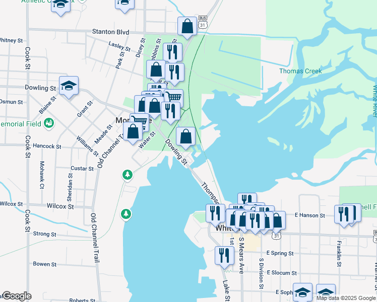 map of restaurants, bars, coffee shops, grocery stores, and more near 4454 Dowling Street in Montague