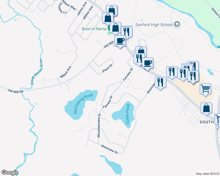 map of restaurants, bars, coffee shops, grocery stores, and more near 134 Farview Drive in Sanford