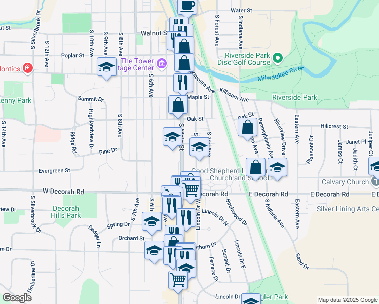 map of restaurants, bars, coffee shops, grocery stores, and more near 723 South Main Street in West Bend