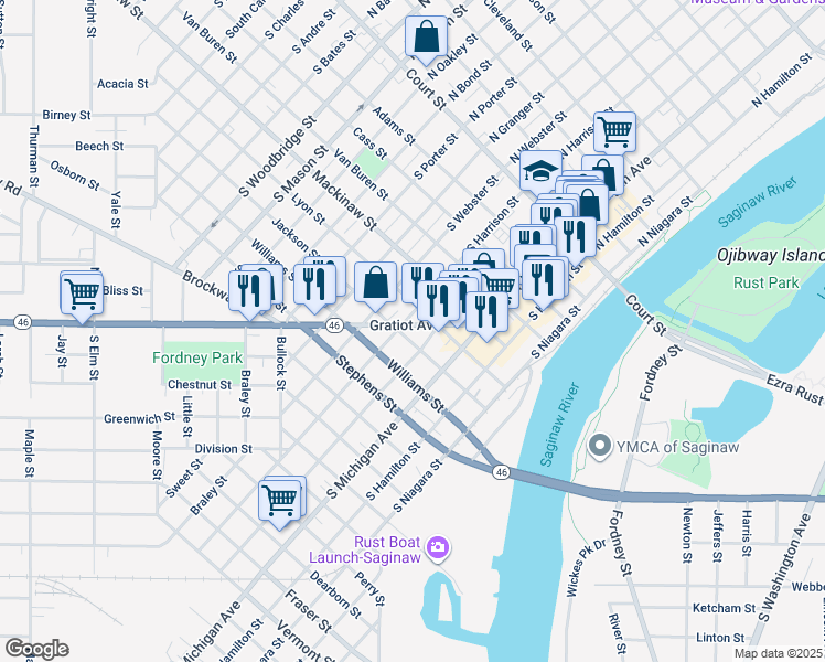 map of restaurants, bars, coffee shops, grocery stores, and more near 621 South Fayette Street in Saginaw
