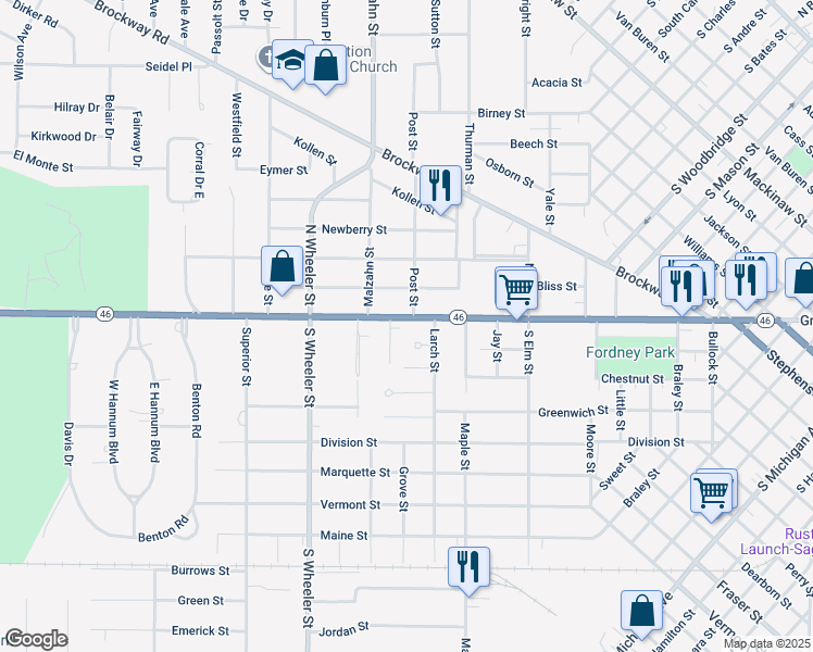 map of restaurants, bars, coffee shops, grocery stores, and more near 1805 Gratiot Avenue in Saginaw