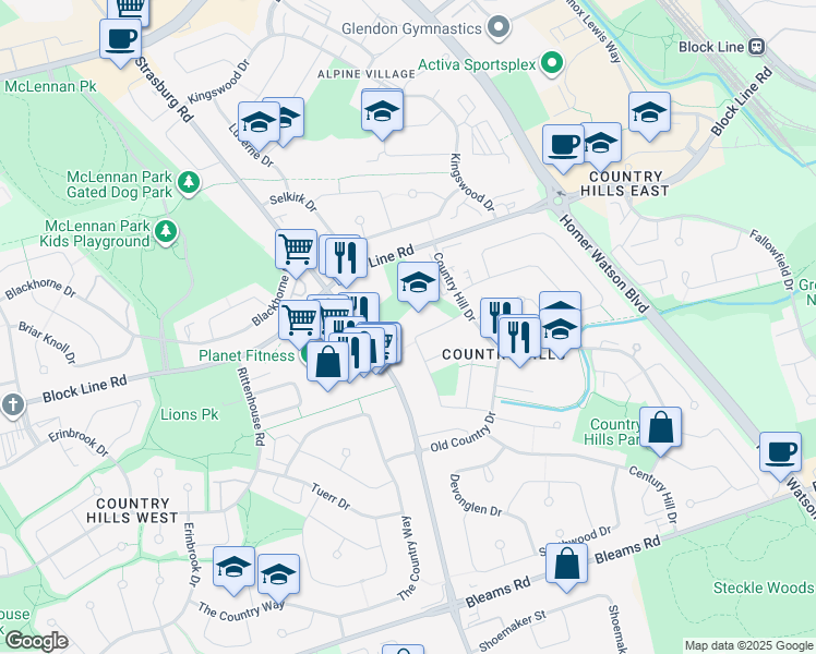 map of restaurants, bars, coffee shops, grocery stores, and more near 45 Cedarhill Crescent in Kitchener