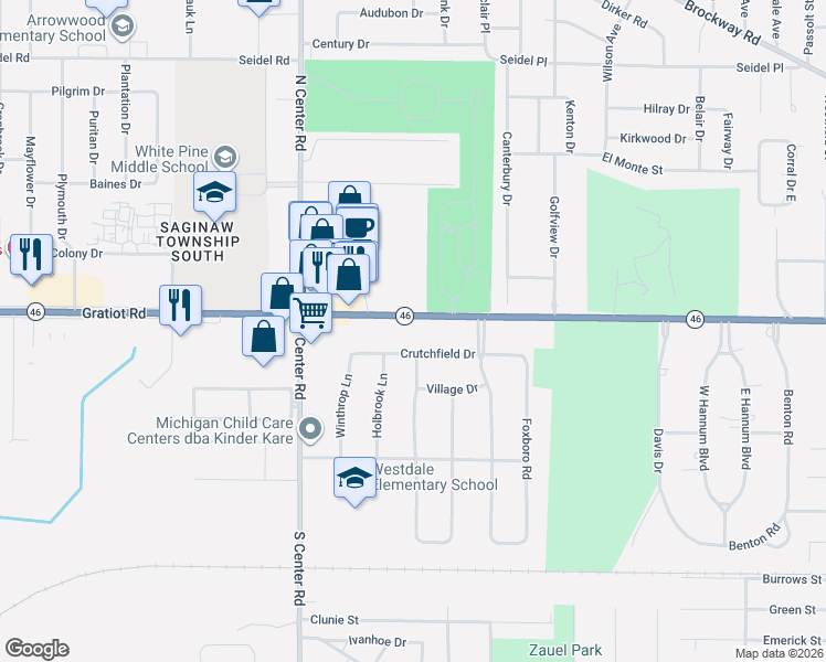 map of restaurants, bars, coffee shops, grocery stores, and more near 4780 Crutchfield Drive in Saginaw