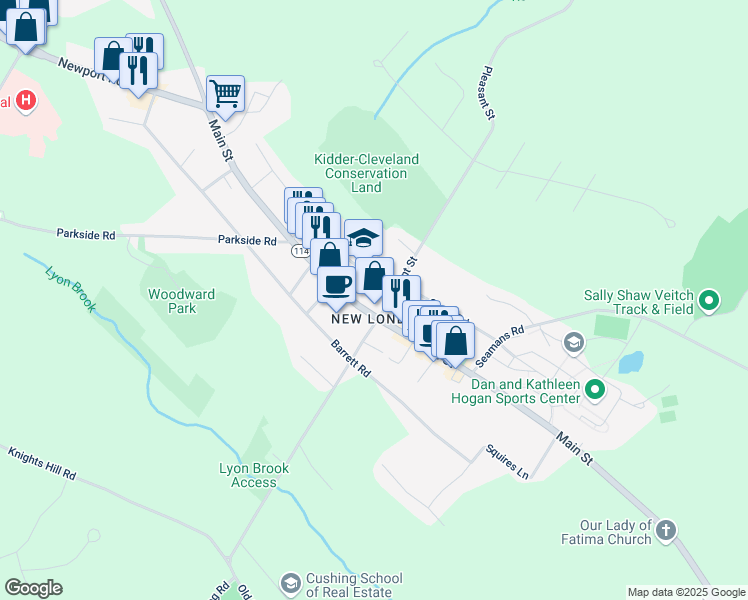 map of restaurants, bars, coffee shops, grocery stores, and more near in New London