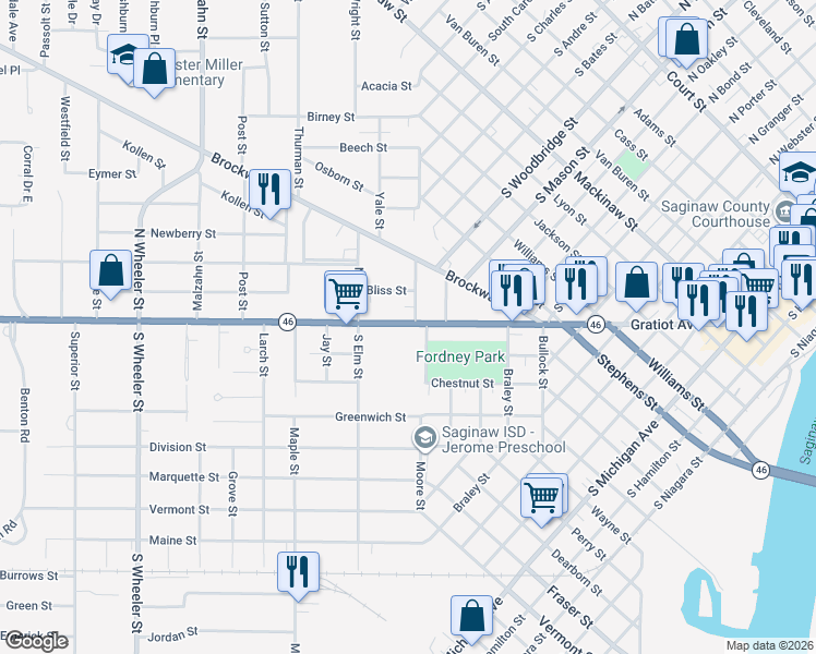 map of restaurants, bars, coffee shops, grocery stores, and more near 1413 Gratiot Avenue in Saginaw