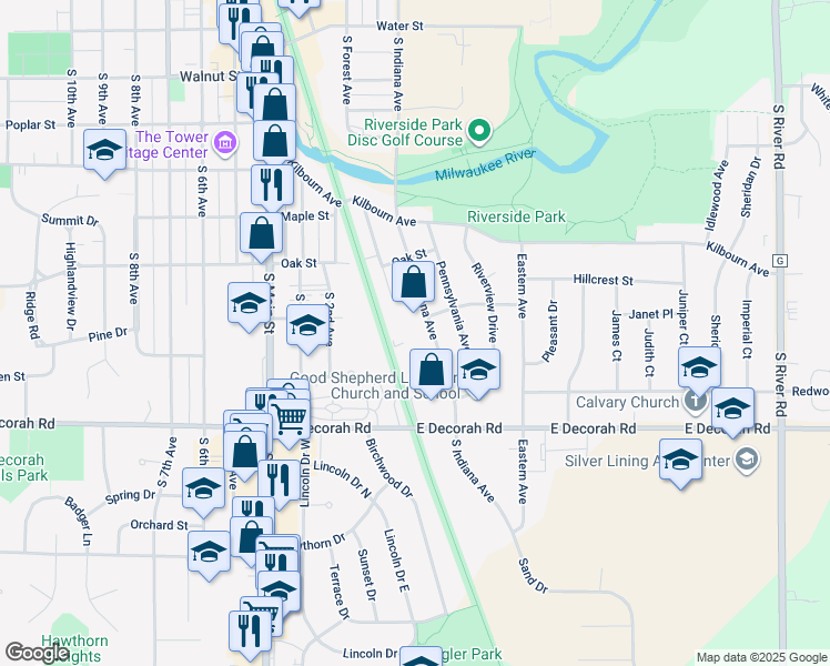 map of restaurants, bars, coffee shops, grocery stores, and more near Eisenbahn State Trail in West Bend