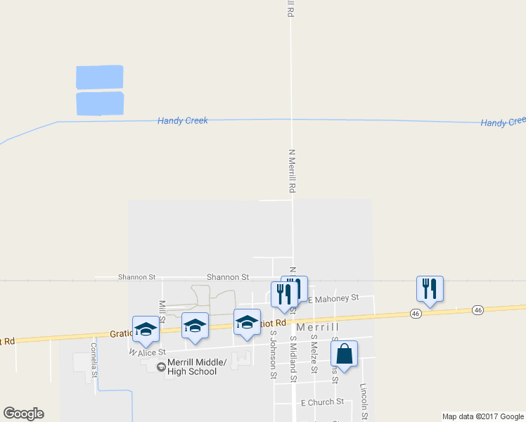 map of restaurants, bars, coffee shops, grocery stores, and more near 249 Stacy Street in Merrill