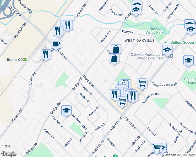 map of restaurants, bars, coffee shops, grocery stores, and more near 445 Samford Place in Oakville