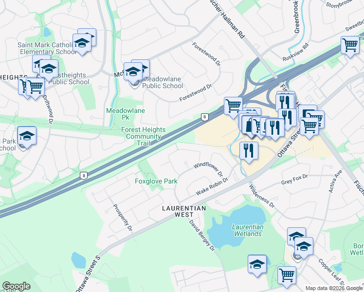 map of restaurants, bars, coffee shops, grocery stores, and more near 594 Windflower Crescent in Kitchener