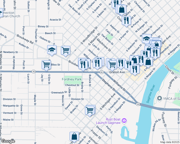 map of restaurants, bars, coffee shops, grocery stores, and more near 1631 Brockway Road in Saginaw