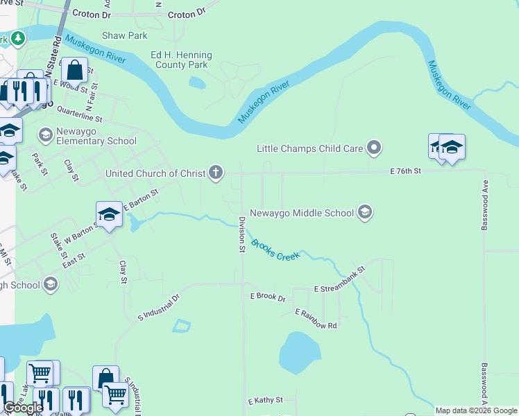map of restaurants, bars, coffee shops, grocery stores, and more near 448 South Division Street in Newaygo