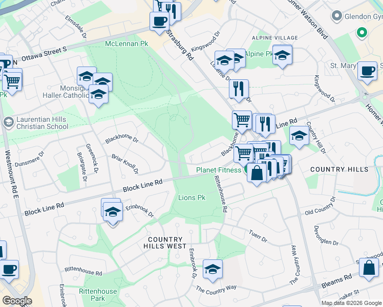 map of restaurants, bars, coffee shops, grocery stores, and more near 138 Blackhorne Drive in Kitchener