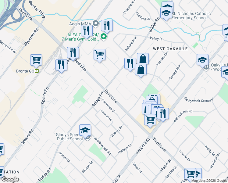 map of restaurants, bars, coffee shops, grocery stores, and more near 462 Samford Place in Oakville