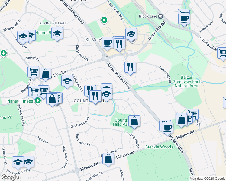map of restaurants, bars, coffee shops, grocery stores, and more near 241 Country Hill Drive in Kitchener