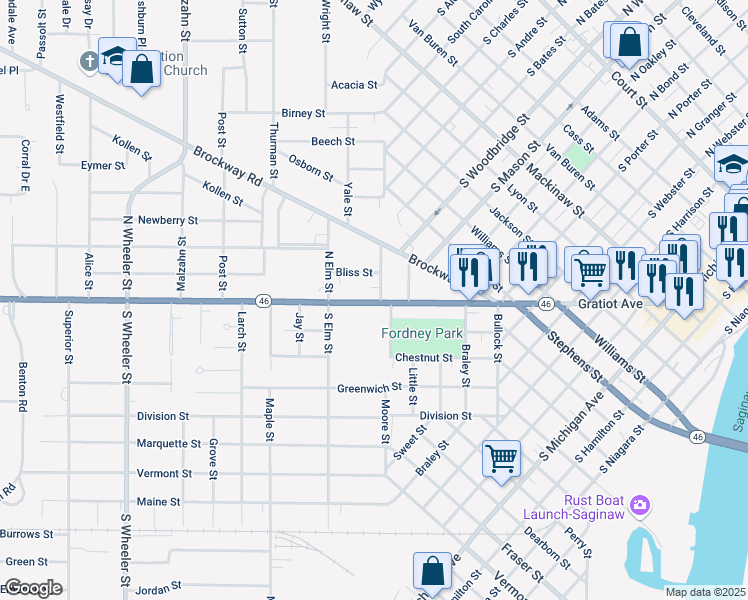map of restaurants, bars, coffee shops, grocery stores, and more near 1413 Gratiot Avenue in Saginaw