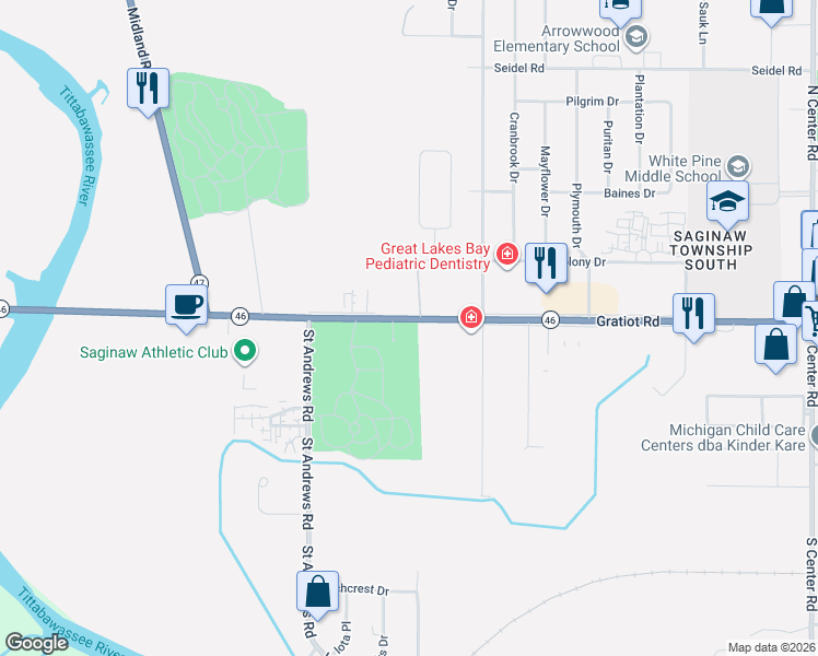 map of restaurants, bars, coffee shops, grocery stores, and more near 5765 Gratiot Road in Saginaw