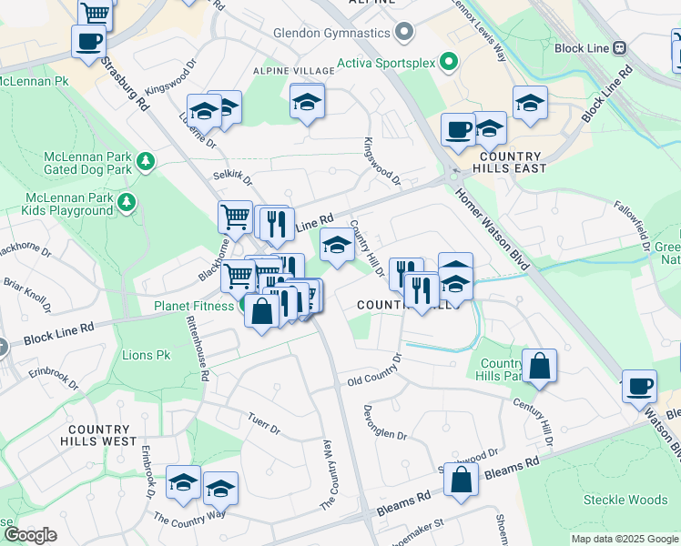map of restaurants, bars, coffee shops, grocery stores, and more near 45 Cedarhill Crescent in Kitchener