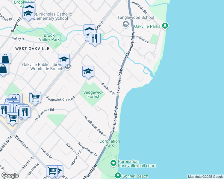 map of restaurants, bars, coffee shops, grocery stores, and more near 149 Sandwell Drive in Oakville