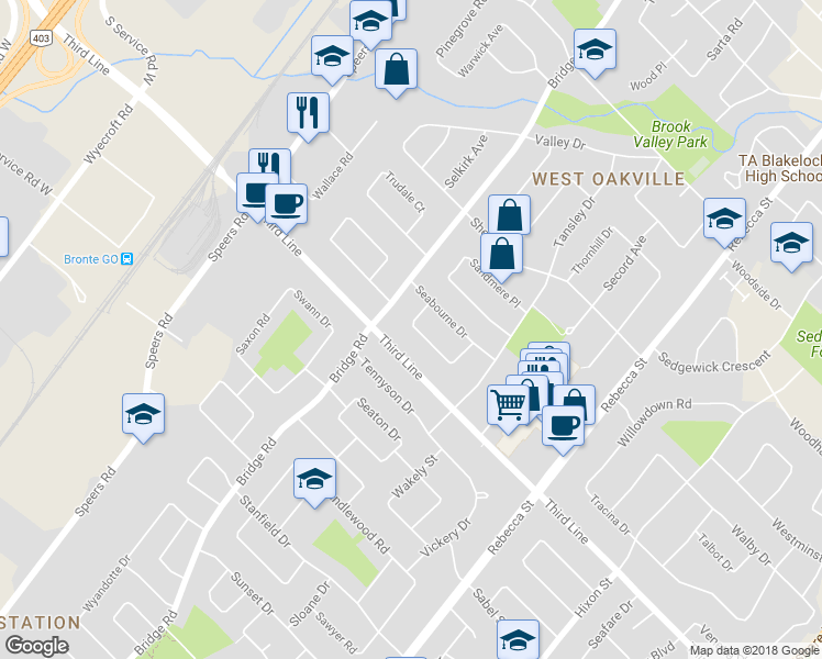 map of restaurants, bars, coffee shops, grocery stores, and more near 462 Samford Place in Oakville
