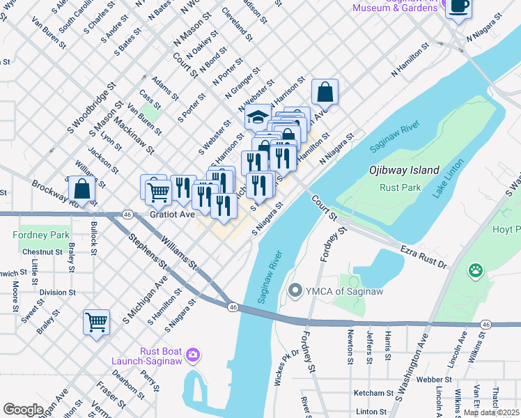 map of restaurants, bars, coffee shops, grocery stores, and more near 301 Van Buren Street in Saginaw