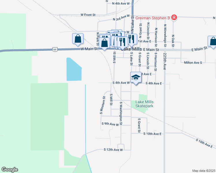 map of restaurants, bars, coffee shops, grocery stores, and more near 50-398 South Mill Street in Lake Mills