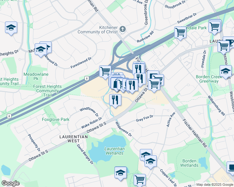 map of restaurants, bars, coffee shops, grocery stores, and more near 1400 Ottawa Street South in Kitchener