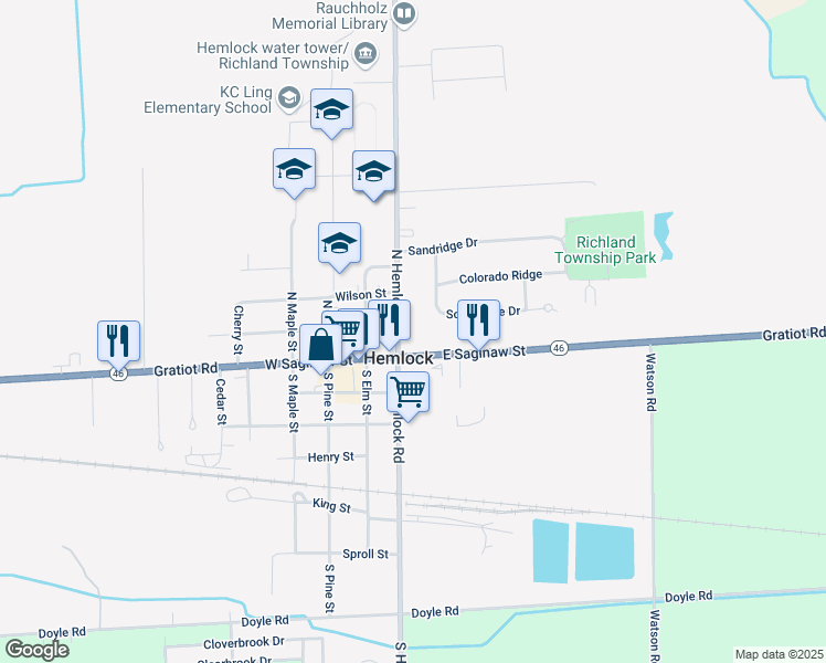 map of restaurants, bars, coffee shops, grocery stores, and more near 252 North Hemlock Road in Hemlock