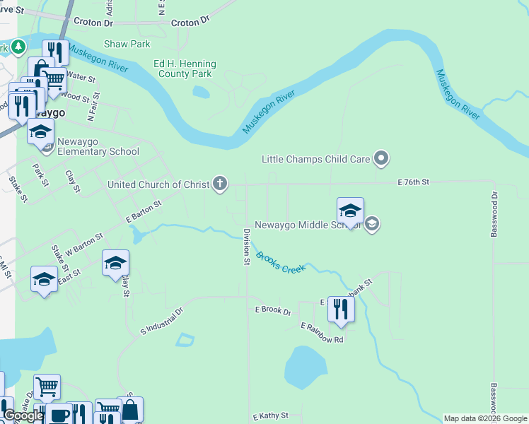 map of restaurants, bars, coffee shops, grocery stores, and more near 340 South Division Street in Newaygo