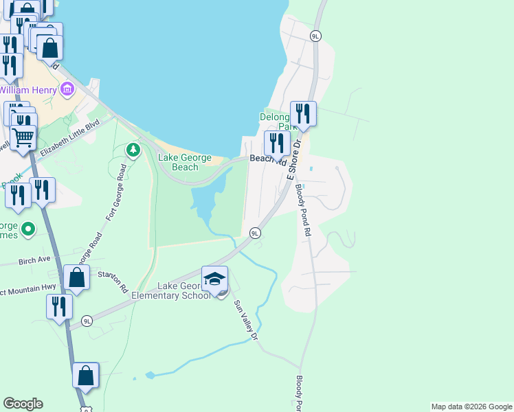 map of restaurants, bars, coffee shops, grocery stores, and more near 21 Cedar Lane in Lake George