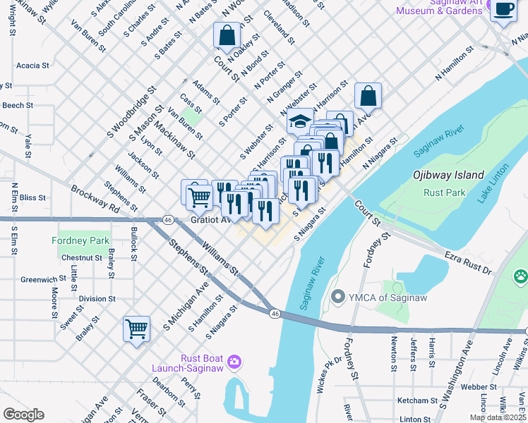 map of restaurants, bars, coffee shops, grocery stores, and more near 333 S Michigan Ave in Saginaw Charter Township